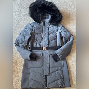 Michael Kors Belted Mid Length Puffer Coat Gray Medium